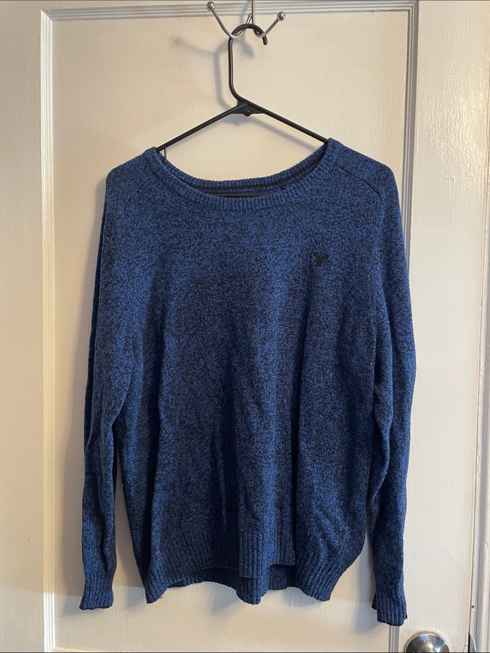American Eagle Outfitters Men's Heathered Navy Blue Crewneck Sweater